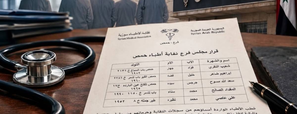 نقابة أطباء حمص تشطب خمسة أطباء من سجلاتها بقرار ذي خلفية أمنية
